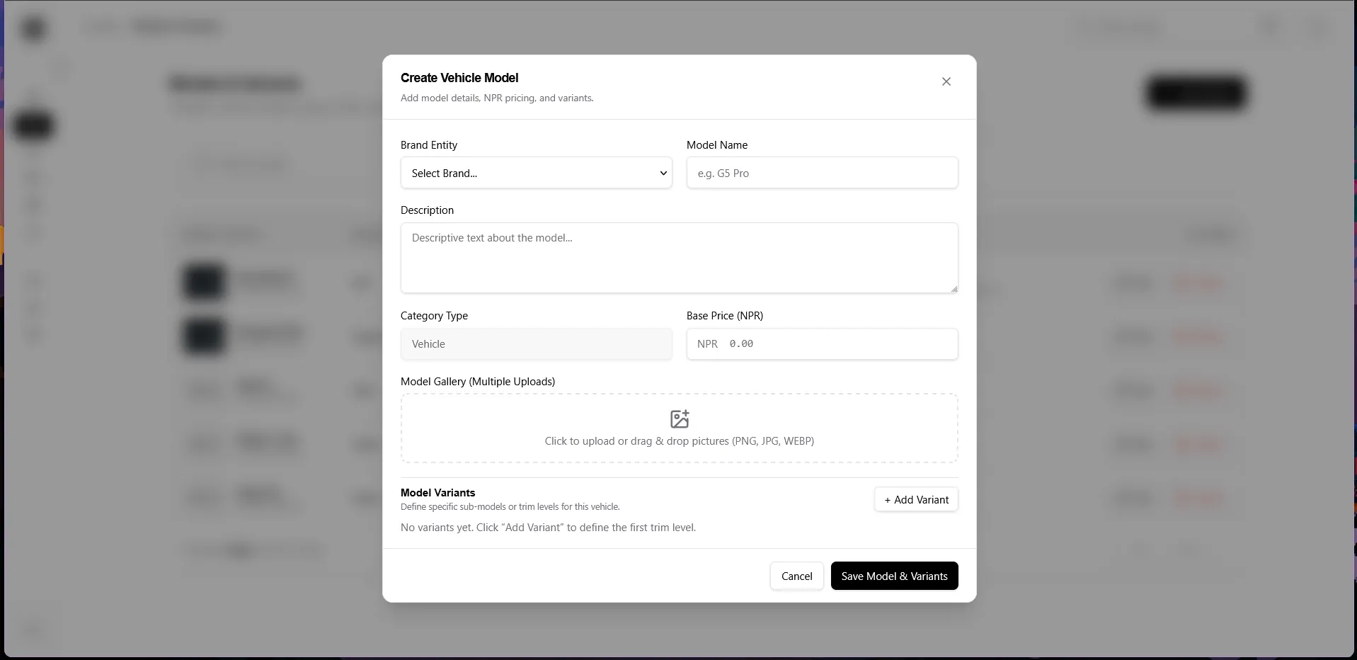 Model dialog info
